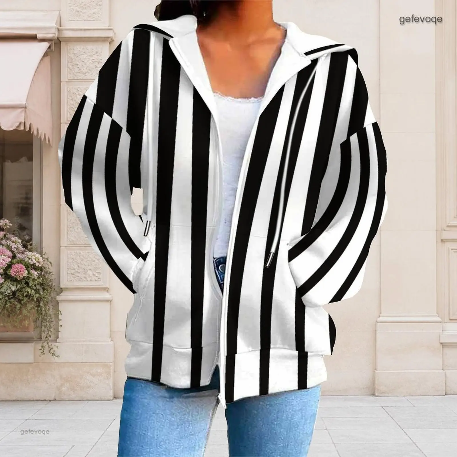 Women Black White Vertical Stripe Printed Zip Up Long Sleeve Hoodie