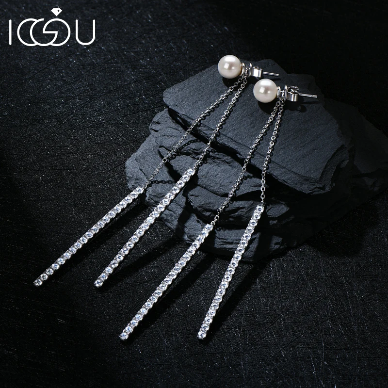 

IOGOU 925 Sterling Silver Double Chain Tassel Long CZ Lab Diamond Drop Earrings Natural Freshwater Pearl Dangle Women Earring