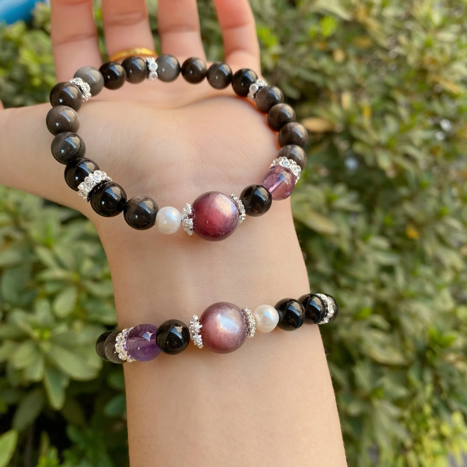 

Natural Purple Lepidolite Big Bead&Silver Obsidian Bracelet for Women Elastic Stretch Beaded Handmade Gemstone Bangle Gift 1742