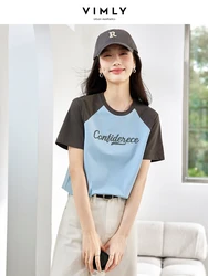 VIMLY Women's American Vintage Casual Short Sleeve T-Shirt Summer Patchwork Round Neck Raglan Sleeve Letter Printed Basic Top