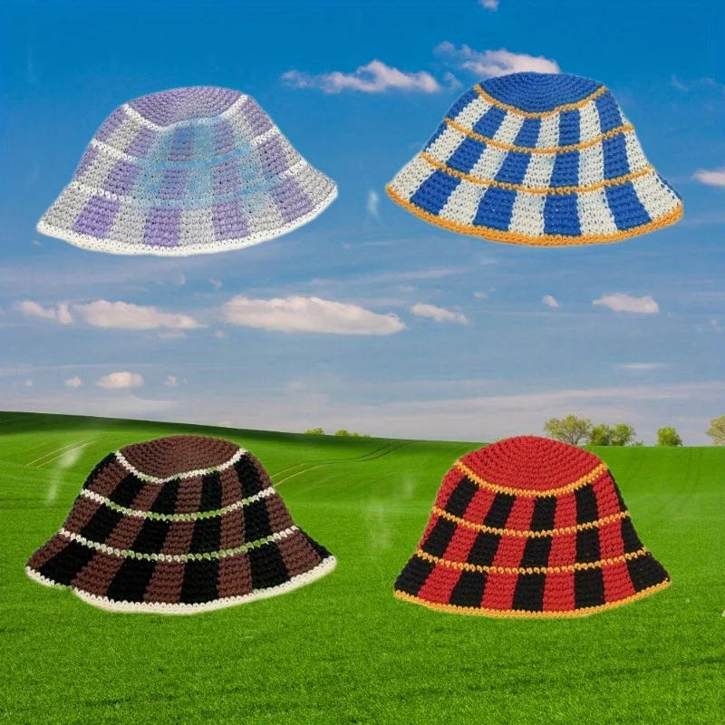 

Color-blocking Plaid Hand-Knitted Bucket Hat, Casual Versatile Beanie for Women's Outdoor Cycling Travel and Daily Fashion Wear