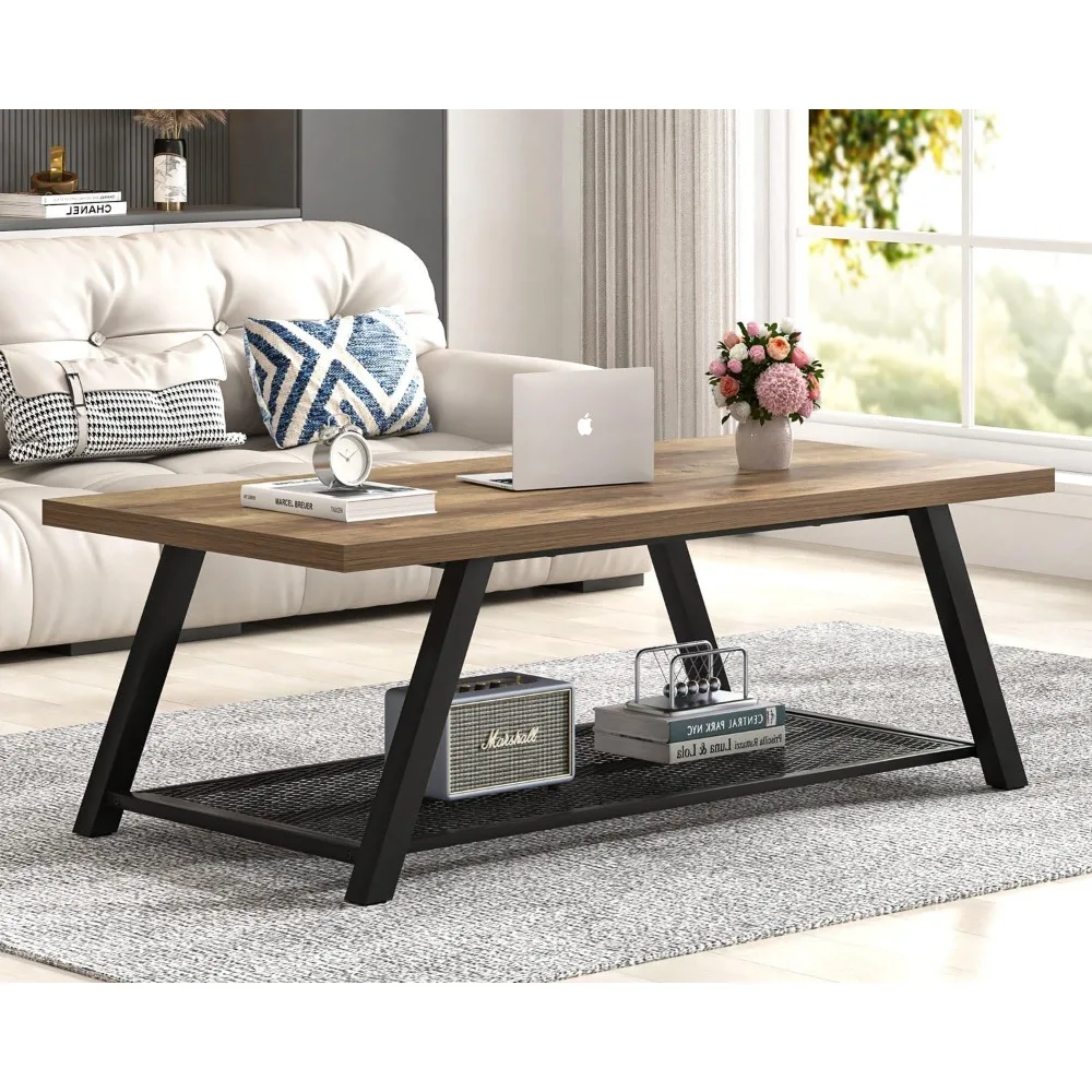 Coffee Table, Modern Rustic Wood and Metal Center Table with Storage, Industrial Cocktail Tea Table for Living Room, Oak