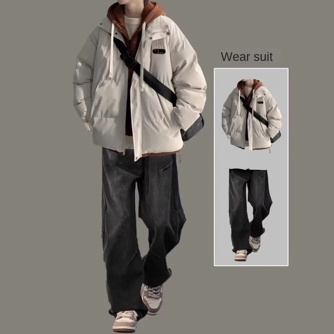 

Winter Thick Cotton Jacket Set for Men's Fake Two piece Cotton Jacket, Rascal Handsome Men's Winter Warm Cotton Jacket Two piece