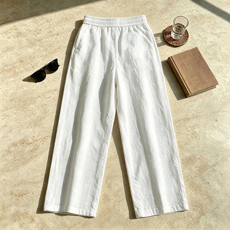 Men's Spring Summer Linen Pants Loose Fit Elastic Drawstring Waist Straight Leg Side Pockets Casual Daily Beach Vacation Wear