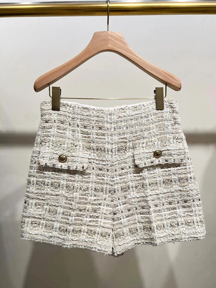 

High Waist Tweed Plaid orts Women's Faion Spring New Sle Simple Commute Sle Button Waist Polyester Fiber