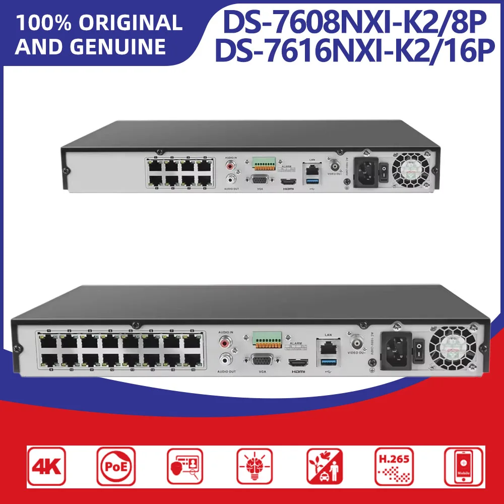Hikvision DS-7608NXI-K2/8P DS-7616NXI-K2/16P 8/16CH PoE NVR 4K AcuSense 2HDD H.265+ CCTV Video Recorder Home Business IP Camera