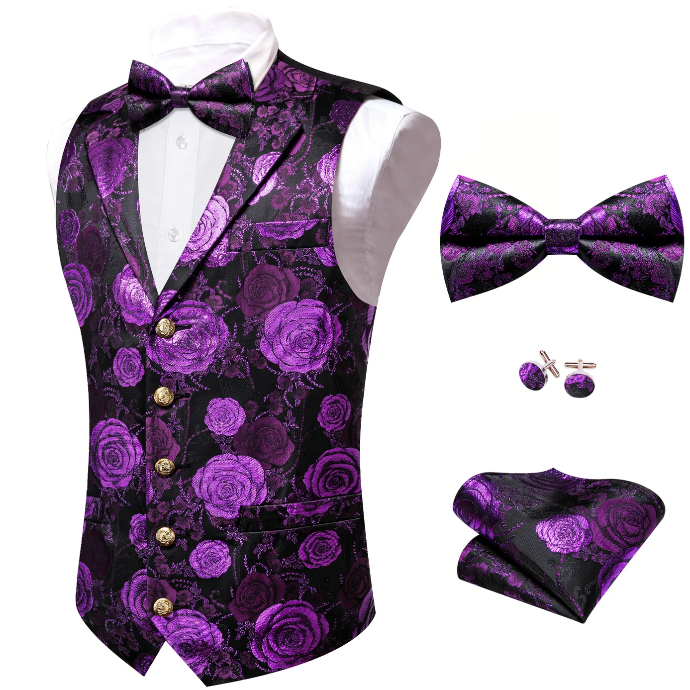 VERVEROW Luxuriöse Herren-Weste mit Jacquard-Blumenmuster, gekerbtem Reverskragen, Weste mit Fliege, Set für formelle Hochzeiten, Partys, Smoking – Detail 5