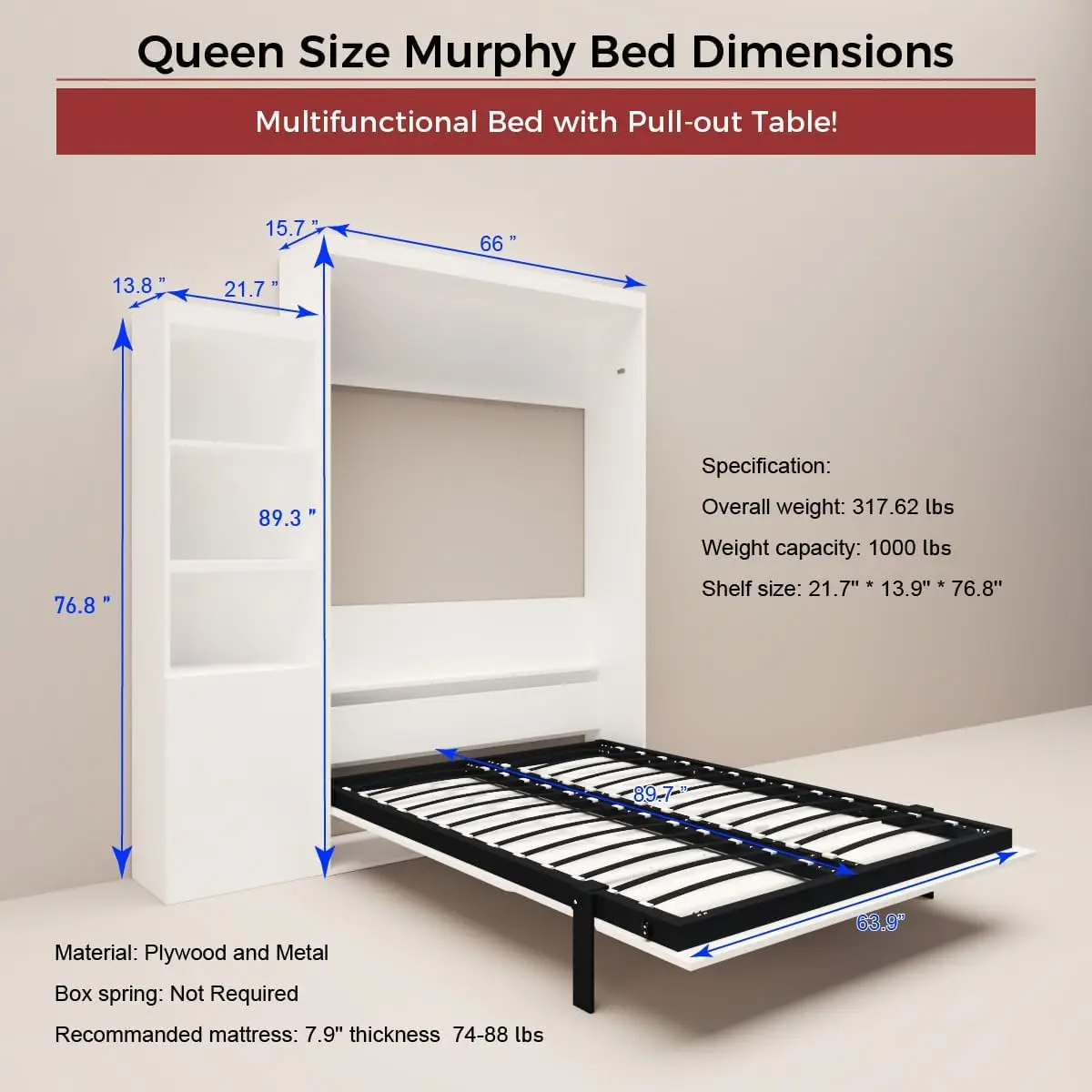 Murphy Bed Queen Chest,Solid Pine Platform Bedframe With Shelf And Drawers Gas Struts For Home Office Or Small Room,Can Be