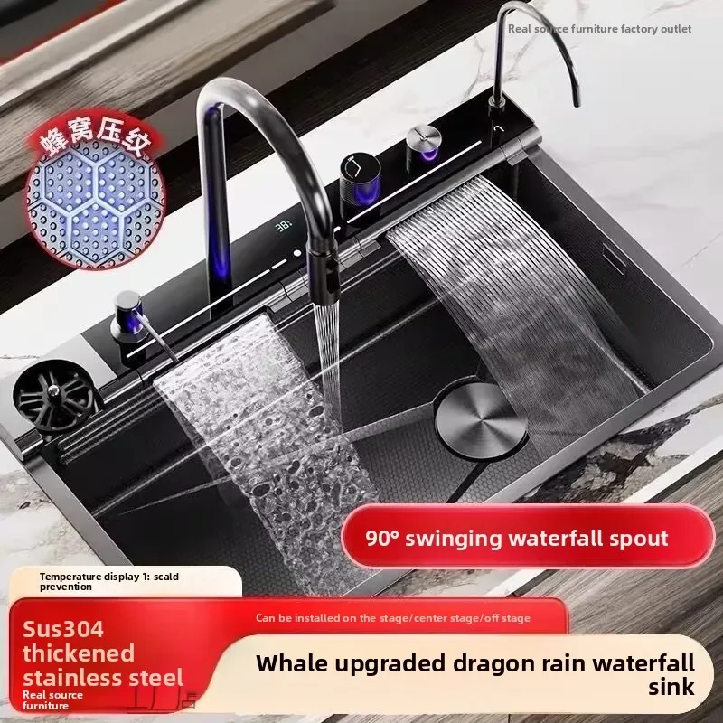 Thickened Stainless Steel Kitchen Sink Double Layer Nano Spillway Drain Sensor Ceramic Sink Basin with Honeycomb Drains Sink