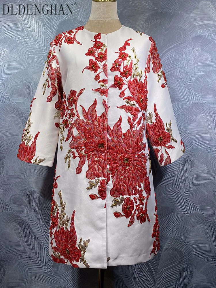 

DLDENGHAN Beading Jacquard Concealed Buttons Coat for Women O-Neck 4/3 Sleeved Pockets High Street Outerwear Autumn Females