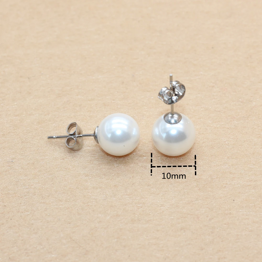 Brief Style Stainless Steel With Nature Shell Beads Pearls Pearl Push-back Stud Earrings 10mm No Fade Allergy Free