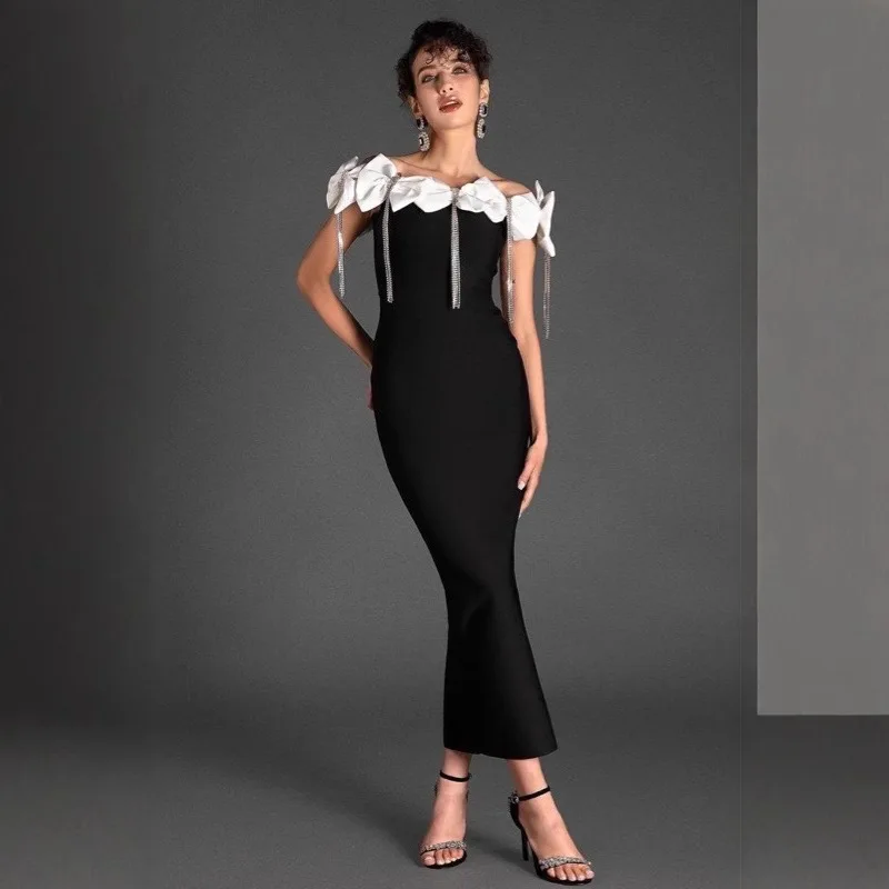 New European and American Style Off-Shoulder Bow Tassel Low-Cut Bodycon Dress Women's Fashion