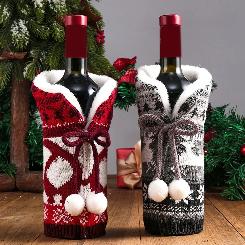 Christmas Wine Bottle Decoration Plush Snowflake Wine Bottle Covers Red Clothes Dress Gold Snowflake Set New Year Table Decor