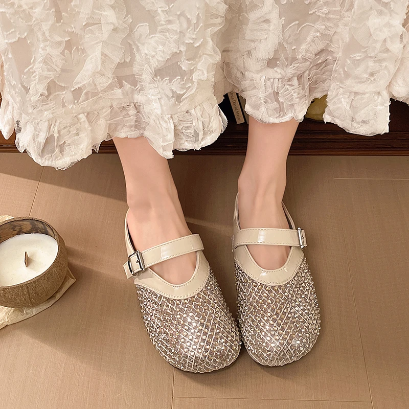 Fishnet Rhinestone Mary Baotou Slippers 2026 New Flat with Skirt and Low Heel Shoes