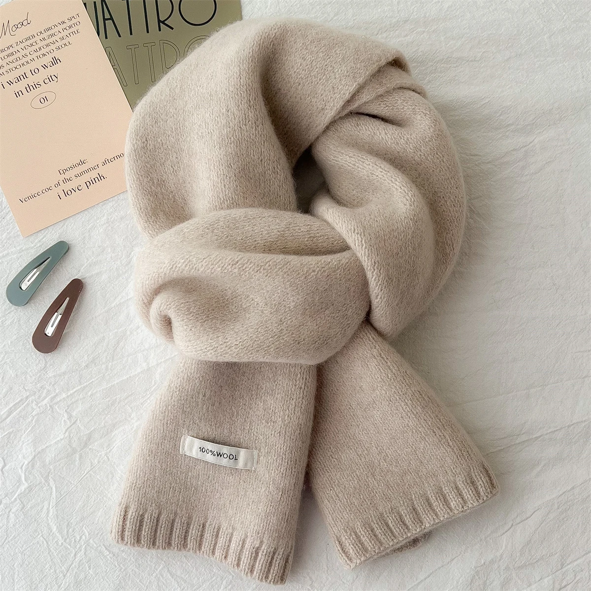 

Шарф из чистой шерсти, шерстяной верблюжий бежевый теплый вязаный шарф, шарф унисекс, удобный, мягкий, теплый