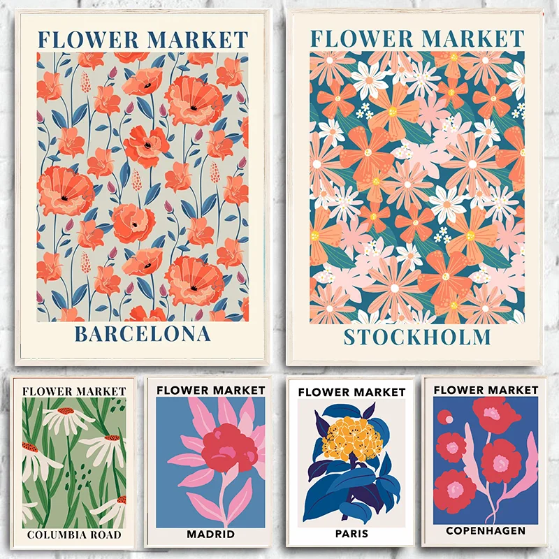 Póster con estampado de mercado de flores, imágenes de lienzo estético, decoración del hogar, Barcelona, Moscú, Columbia, Madrid