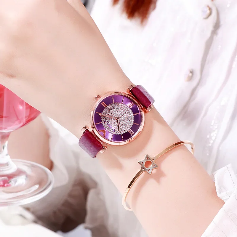 New Elegant Luxury Watches Women Alloy Analog Quartz Red Ladies Wrist Watch Rhinestone Leather Strap Watches for Women