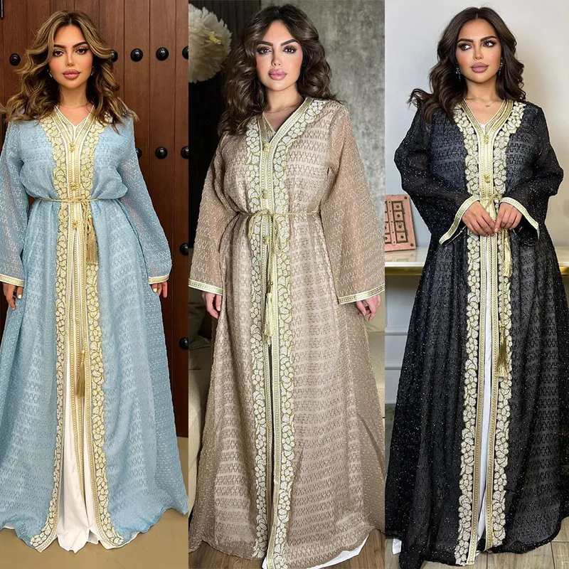 

Middle Eastern Abaya Muslim Women's Clothing Embroidered Rhinestone Two-piece Set Fashionable Saudi Jalabiya with Waist Belt
