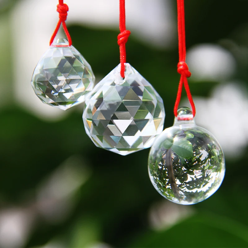 Crystal Faceted Smooth Balls with Red Strand Lamp Sun Catcher Fengshui Ball Prisms for Home Wedding Party Decoration DIY Decor