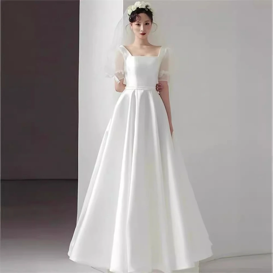 Customized Square Neck Short Sleeves A-line Simple  2025 Wedding Dresses For Woman Sweep Train Bridal Gowns Vestidos De Novia