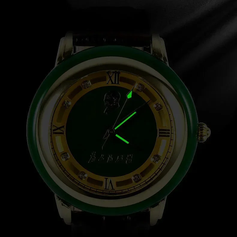 Jade Stone Watch Quartz Wristwatch Clock Male Luxury Gold Green White Gemstone Case Dial Business Men Calendar Vintage Man Reloj