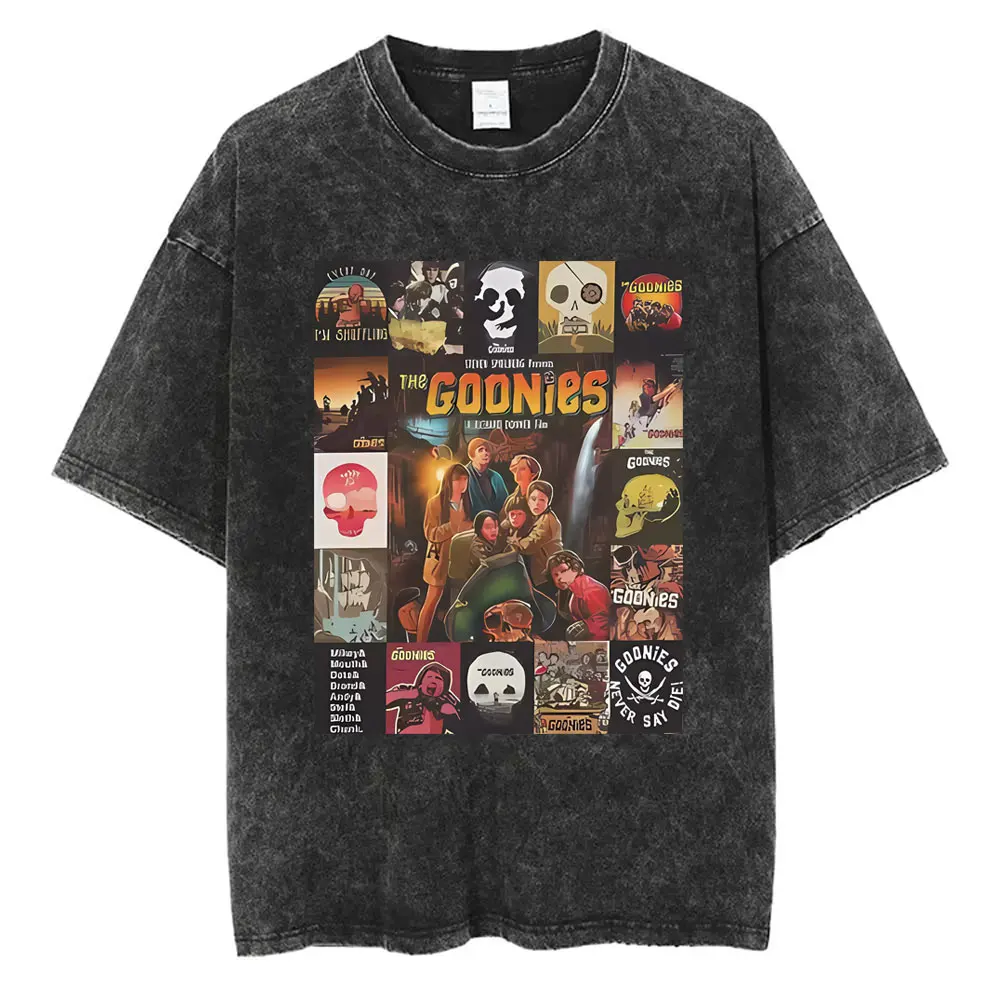 

Washed Vintage The Goonies Never Say Die Cover Graphic T-shirt Skeleton Fashion Oversized Tshirt Men Funny 90s Movie Streetwear