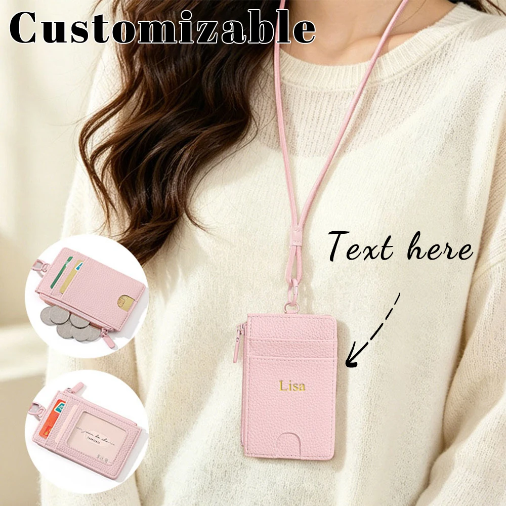 Customized Name Fashionable Necklace Lady's Card Bag PU Leather Work ID Badge Access Card Cover Card