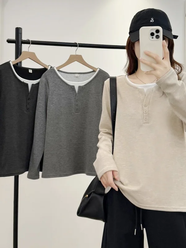 

Autumn Winter Women's Long Sleeve round Neck Patchwork Button up Fake Two-Piece Sweatshirt Loose Fit Korean Style Commute