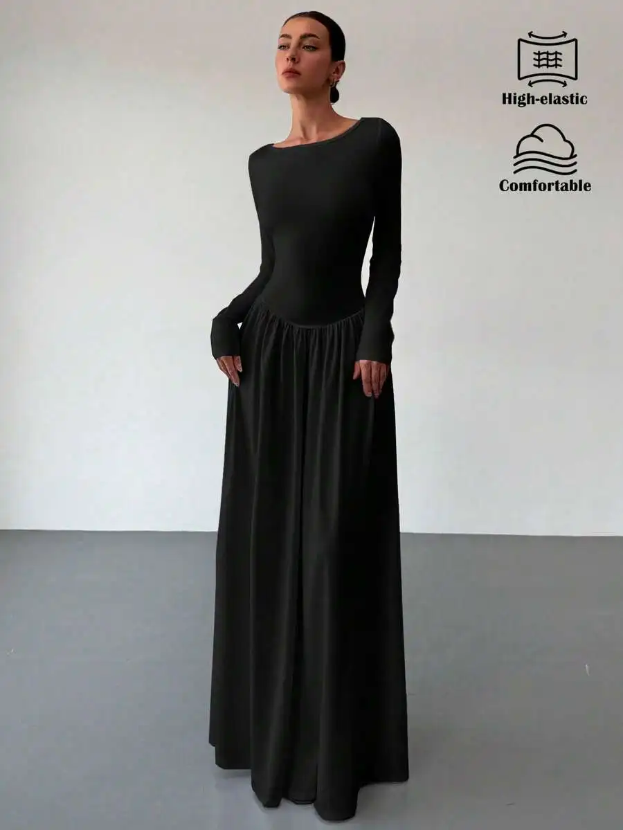 

Black Long Sleeve Floor Length Dress For Wedding Guest Formal Occasion Elegant Chic Modest Comfortable