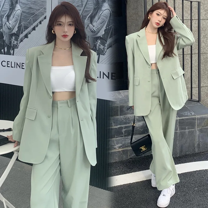 Women\'s Trousers Blazer Suit Female Casual Long Sleeve Jacket & High Waist Wide Leg Pant Ladies Fashion Outfit Elegant Tops Set