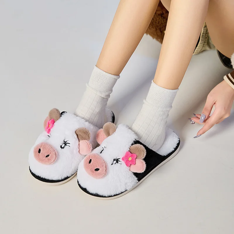 

Casual Fluffy Slippers Women House Cute Cartoon Cow Designer Shoes Girl Flat Fashion Elegant Plush Winter Platform Footwear Home