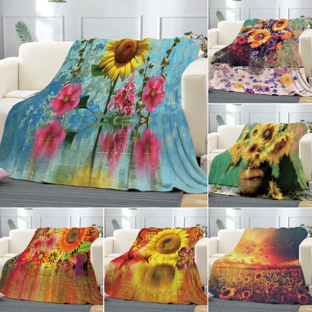 Vintage Sunflower Flower Oil Painting Flannel Throw Blanket Soft Warm Lightweight for Bed Couch Living Room for Kids King Size