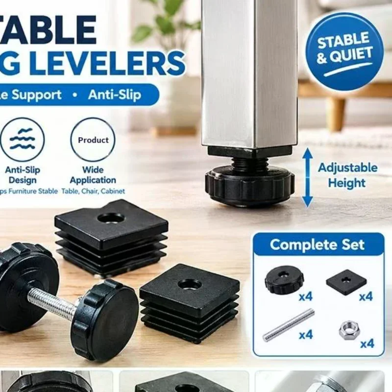 Adjustable Square Tube Leveling Foot Pads Durable Heavy Load 1 Set for Workbench Garage Storage Shelf Industrial Use