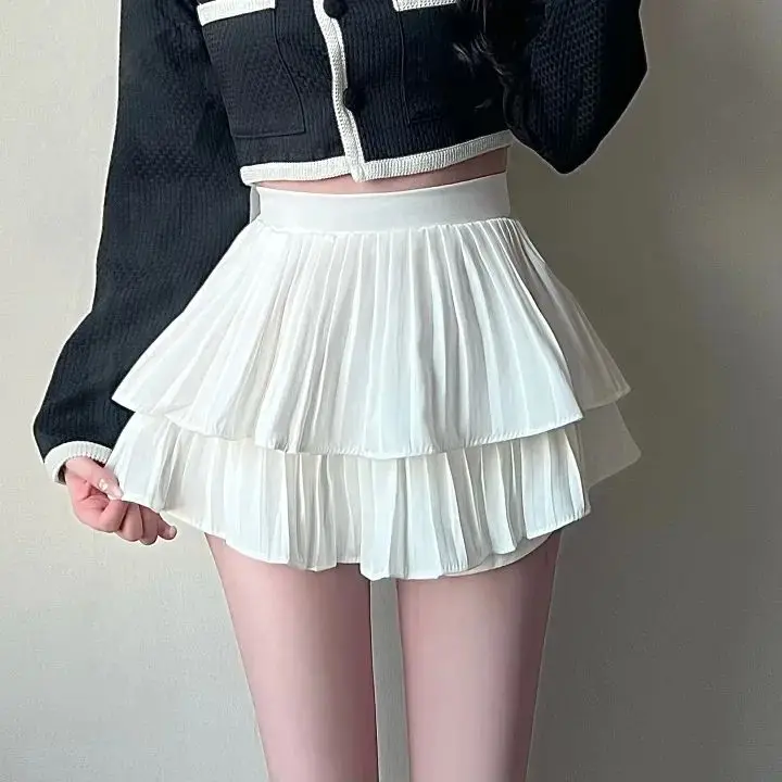 Falda acampanada blanca Gourmet elegante de verano, falda acampanada de cintura alta, falda plisada con pastel, falda coreana de tela de poliéster