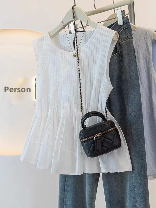 Chic White Sleeveless Shirt Women's plus Size Spring Summer New Style Big Doll Top Belly Concealing Fluffy Upper Apparel