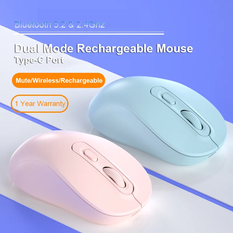 

2.4G Bluetooth 5.2 Dual Mode Mouse Wireless Mute Cute Portable USB Rechargeable Gaming Mause Mini Pink Mice For Laptop PC Office