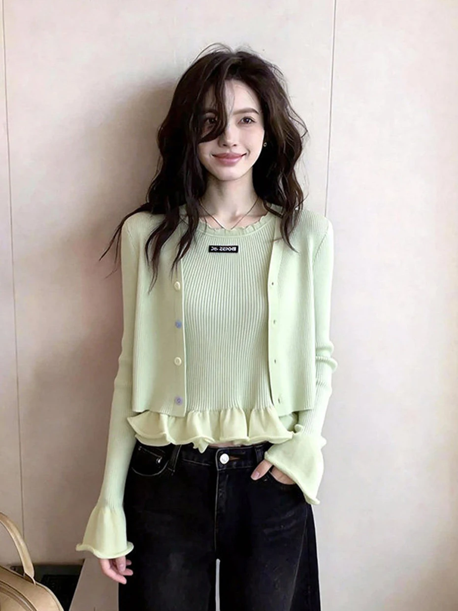 

Elegant Knitted Open Cardigan Women's Outerwear Two-Piece Set Top Spring New Style Commute Style Slim Fit Long Sleeve Pure Color