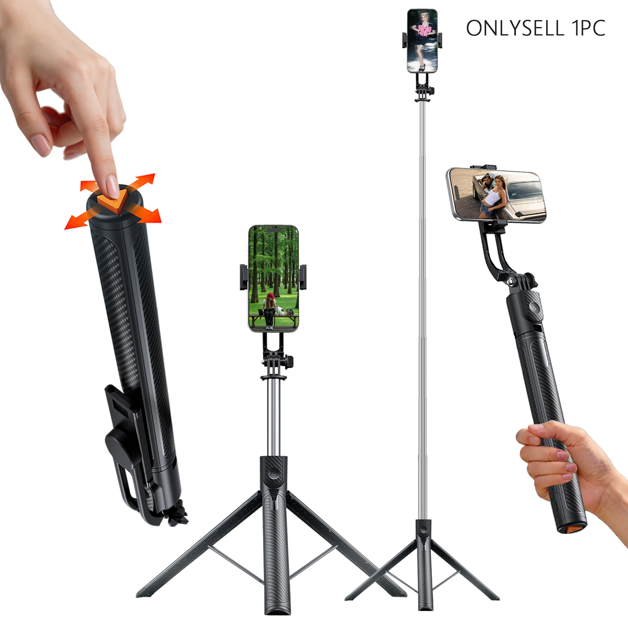Tripé de Selfie de 170cm com Base de Um Toque, Perfeito para Viagens, Vlogs, Transmissões Ao Vivo e Fotos em Grupo