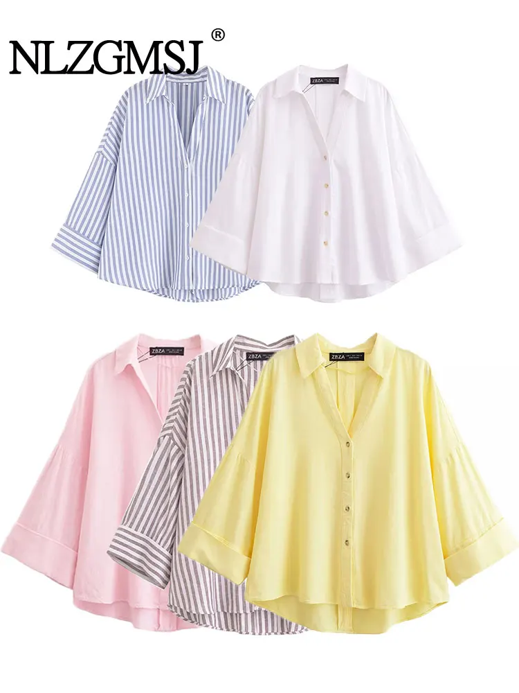

NLZGMSJ повседневные шикарные женские рубашки с широкими рукавами и v-образным вырезом, свободные блузки, мода 202, весна-лето, офисная одежда, женские рубашки