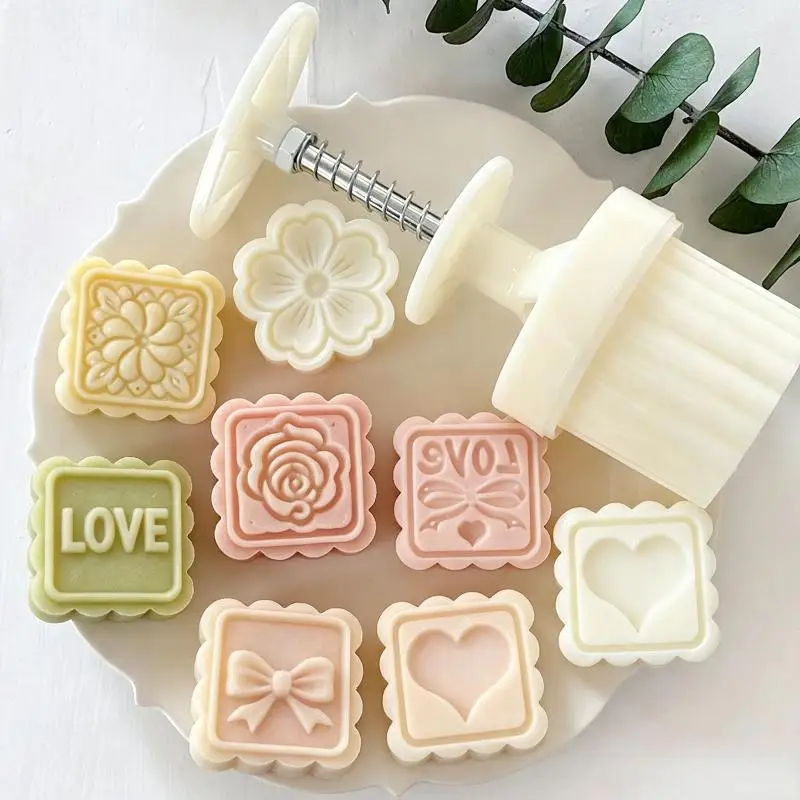 Flower Mooncake Mold Set 1 Mold 5 Stamps DIY Manual Flower Cookie Stamps Mooncake Maker Baking Tool Kitchenware Supplies