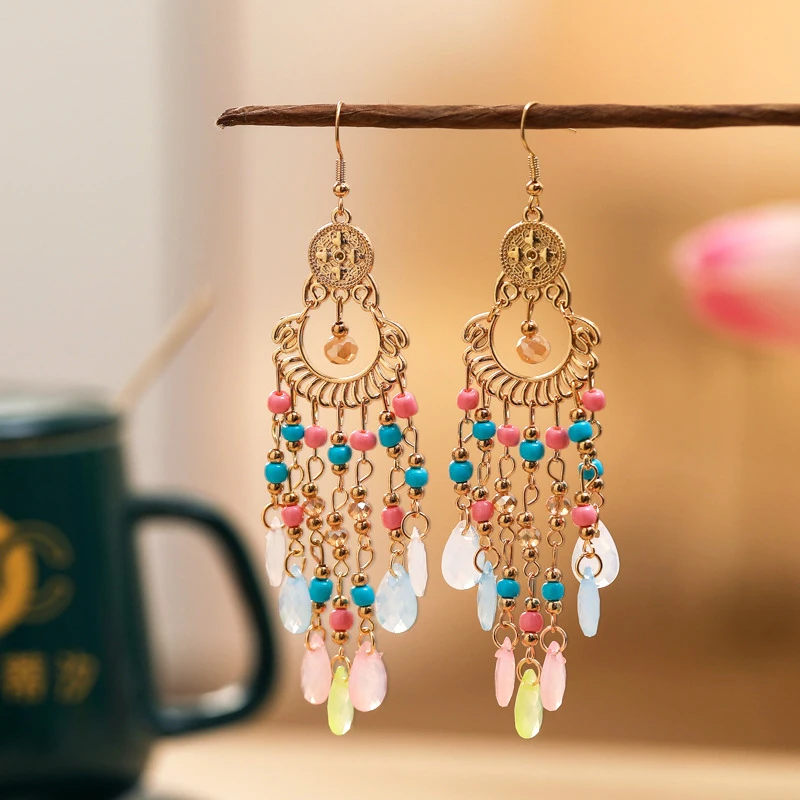

Colorful Rice Bead Water Drop Dangle Earrings for Women Bohemian Handmade Beaded Temperament Long Earring Vacation Style Jewelry