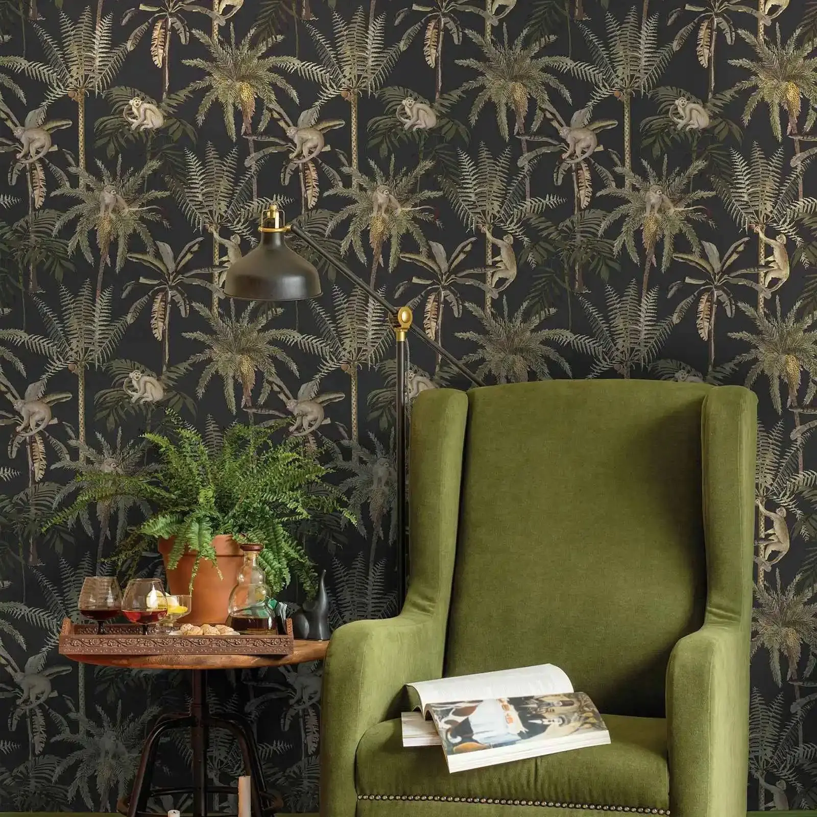 Quirky animal jungle Wallpaper, Ateles Monkey Jungle Palms Botanical Wallpaper, Nordic Wall paper in Dark back
