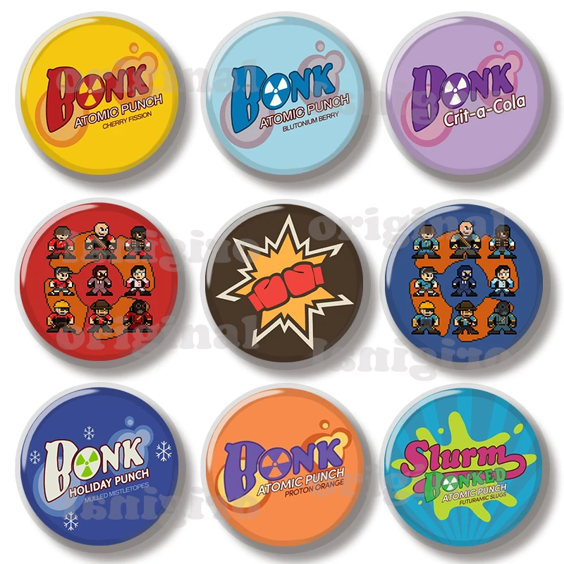 ¡44MM TF2 Bonk! Pin con Logo de punzón atómico, joyería de botón suave, insignia creativa, broche de dibujos animados, Pin de solapa, bolsa, mochila, decoración de sombrero