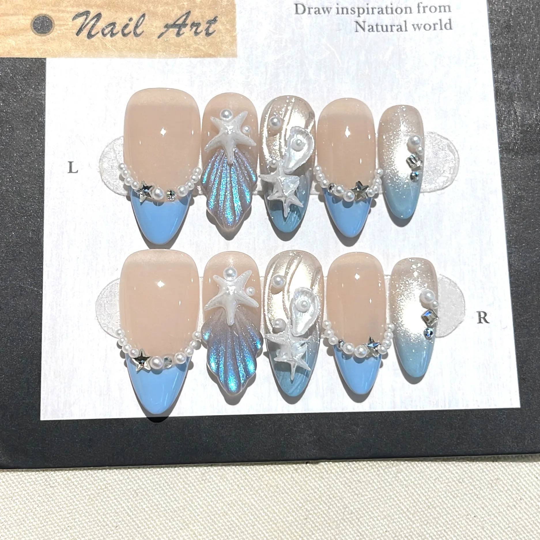 10 Stück Original handgefertigte blaue Mandel-Press-On-Nägel, 3D-Sternfisch-Muschel-Perlen-Strass-Kunstnägel
