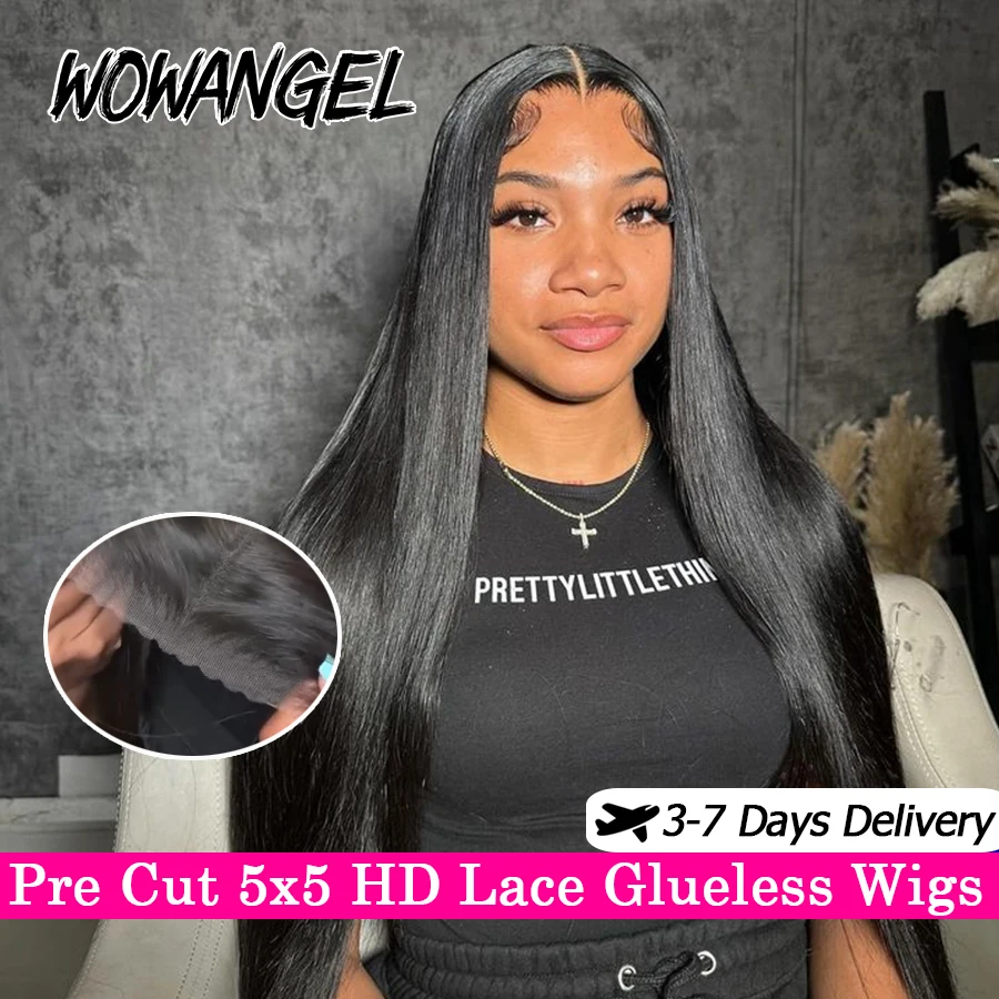 Wow Angel Pre Cut Glueless Wigs Ready To Wear 5x5 HD Lace Closure Wigs Human Hair Wigs Straight PrePlucked Melt Skins For Women