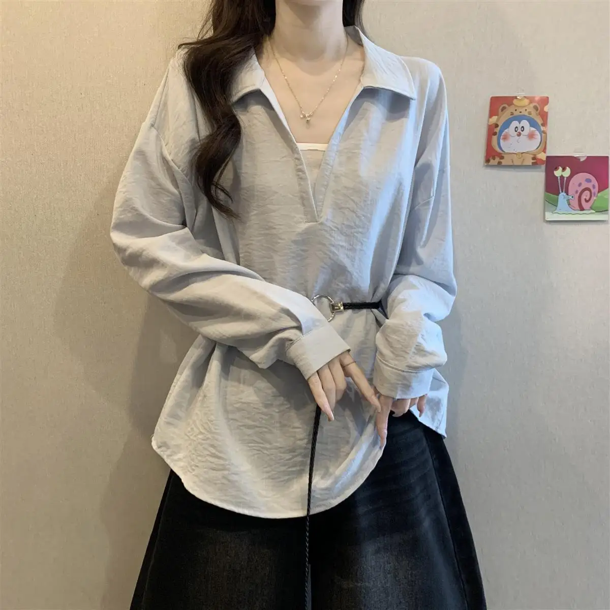 Textured Lapel Long Sleeve Shirt Women V Neck Loose Oversized Waist Belted Tunic Casual Blouse view 2