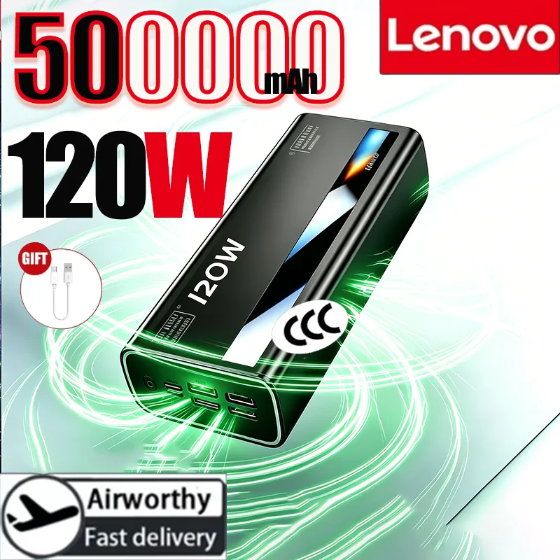 Lenovo New 500000mAh 120W Powerbank Fast Charging Large Capacity LEDPower Bank Portable Battery Charger Supply For Xiaomi Iphone
