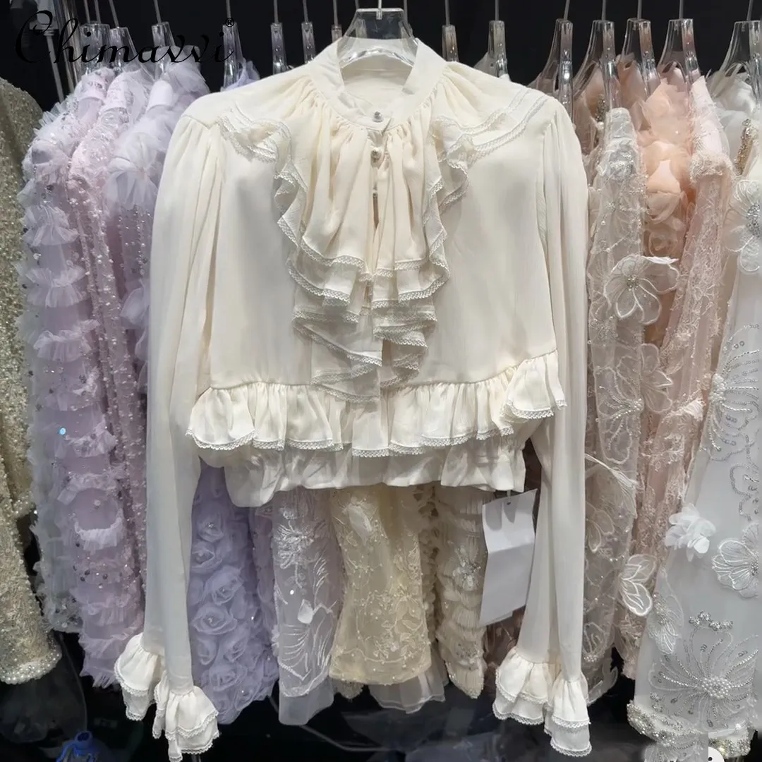 

Осенне-зимняя французская модная блузка в дворцовом стиле с рюшами, элегантная шифоновая блузка для светских мероприятий, женская укороченная рубашка с длинным рукавом