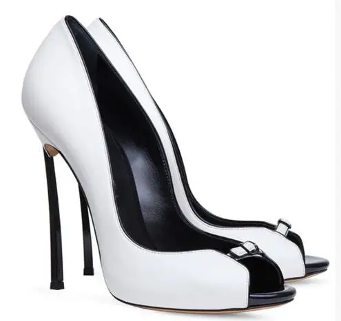 

Elegant Women White Black Solid Leather Peep Toe Hollow Stiletto Pumps Female Metal Blade Heels Run Way Party Dress Shoes Lady