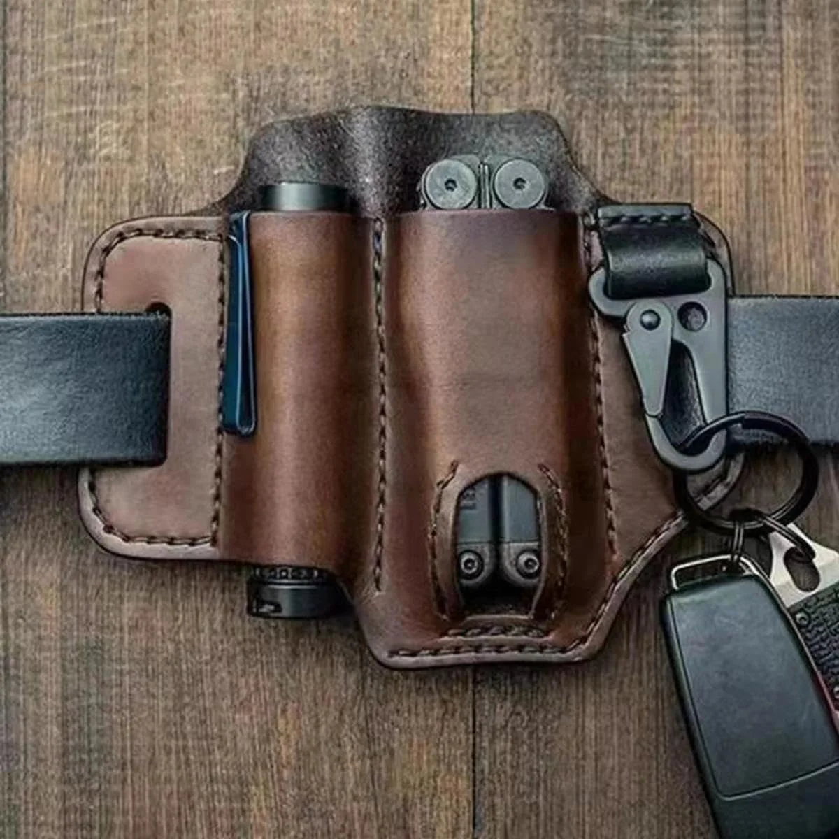 Multitool Sheath for Belt, Sheath for Men, PU Leather EDC Pocket Organizer with Pen Holder, Key Fob, Flashlight Sheath